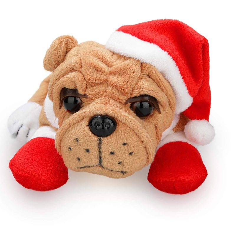 Christmas Themed Plush Stuffed Bulldog Toy with Red Santa Hat and Gloves, for Boys and Girls 8''